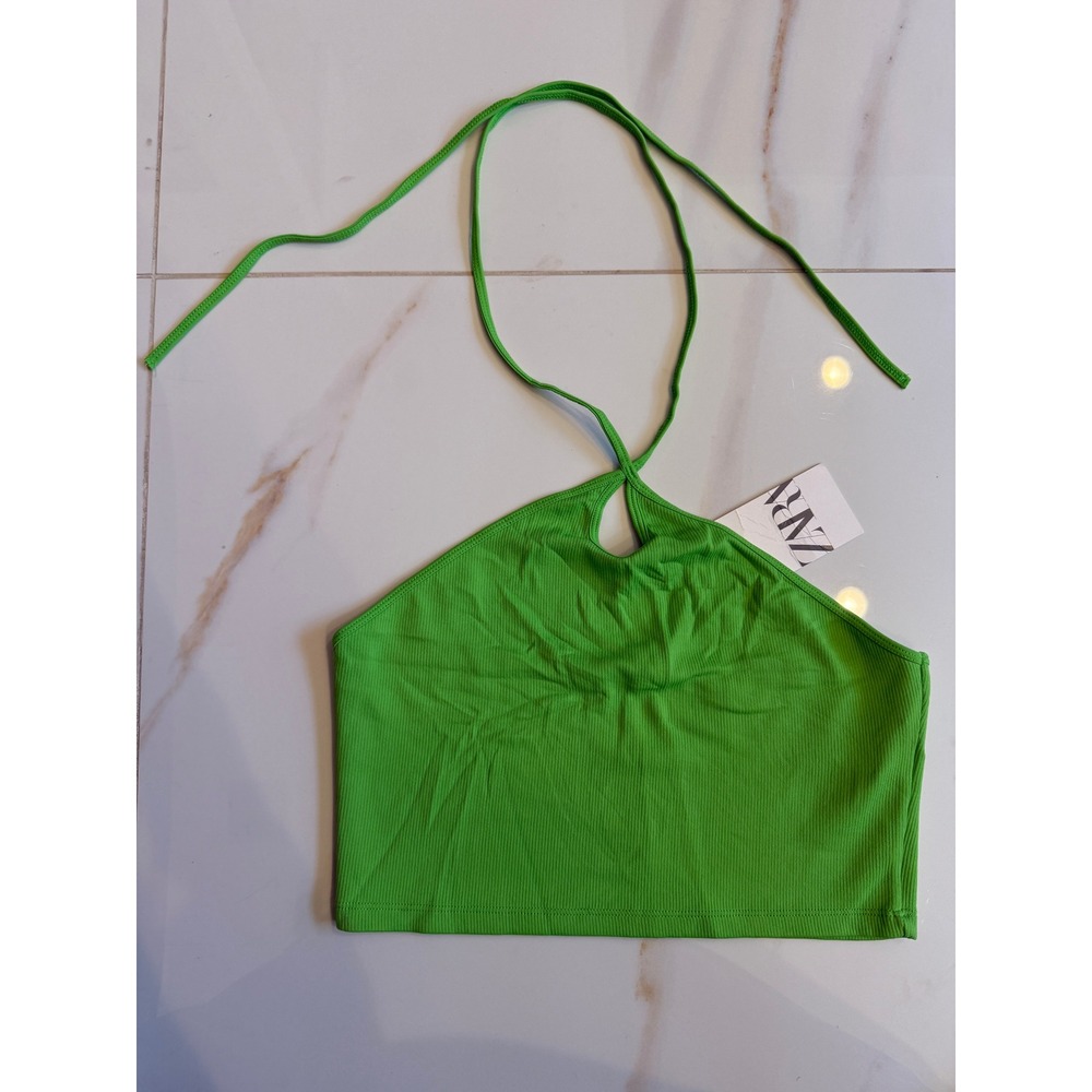 Zara Womens‎ Green Ribbed Halter Neck Crop Top Keyhole Cutout NWT